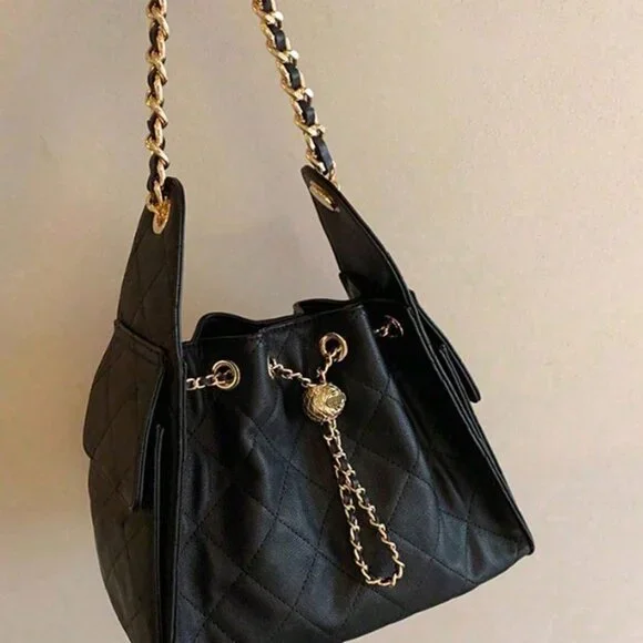 Black Elegant Women Portable Bucket Shoulder Bag - Picture 7 of 8